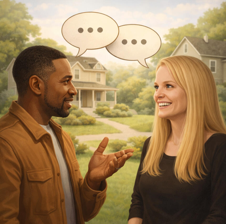 Amy and a man with text bubbles talking outside a house