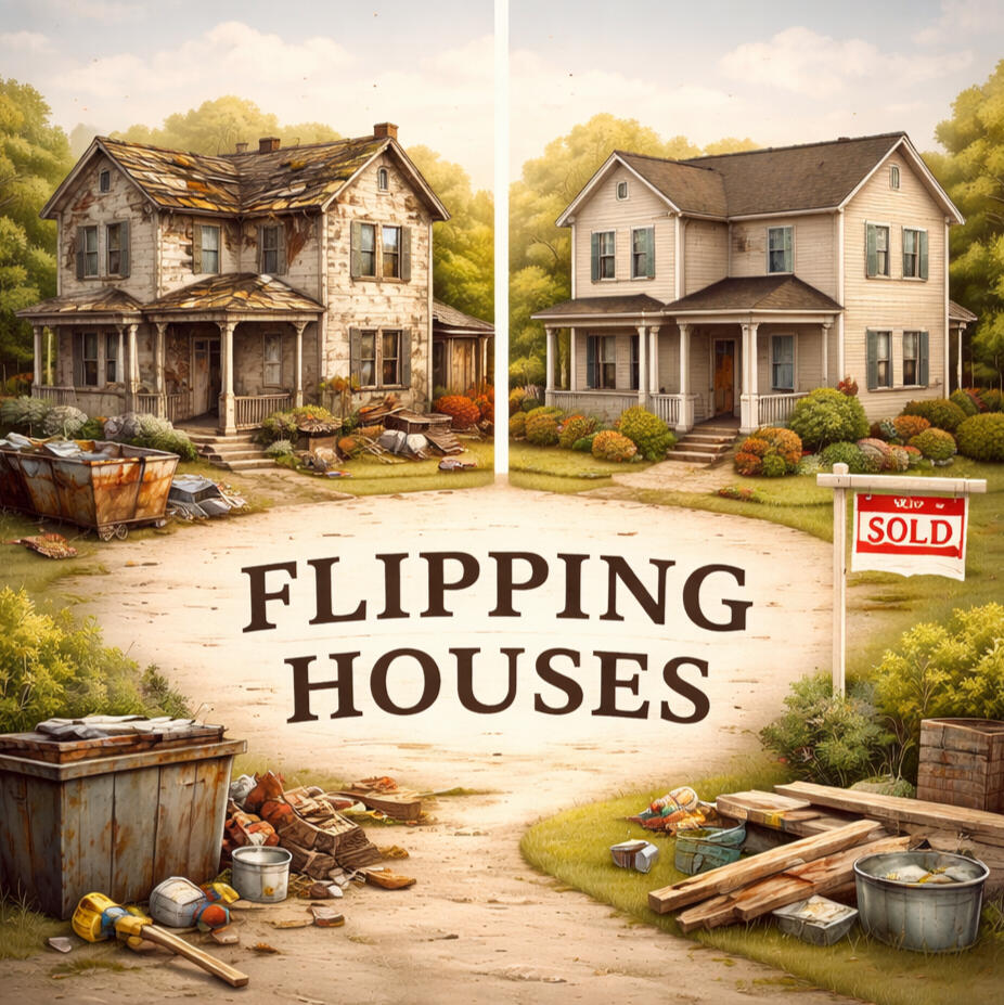 mirror image of two houses with house on the right in disrepair and house on the left rehabbed